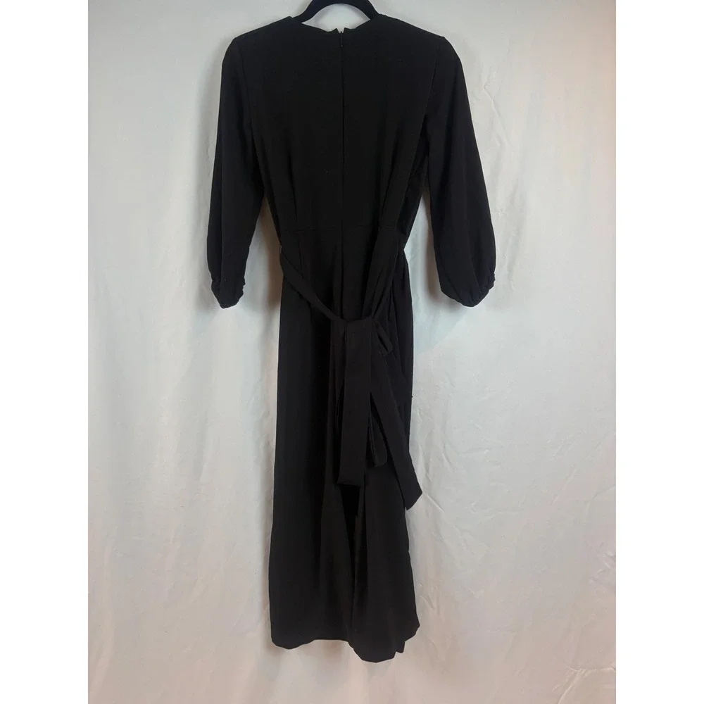 Black Wrap‎ V-Neck Jumpsuit 3/4 Sleeve Wide Leg Belted One-Piece Romper